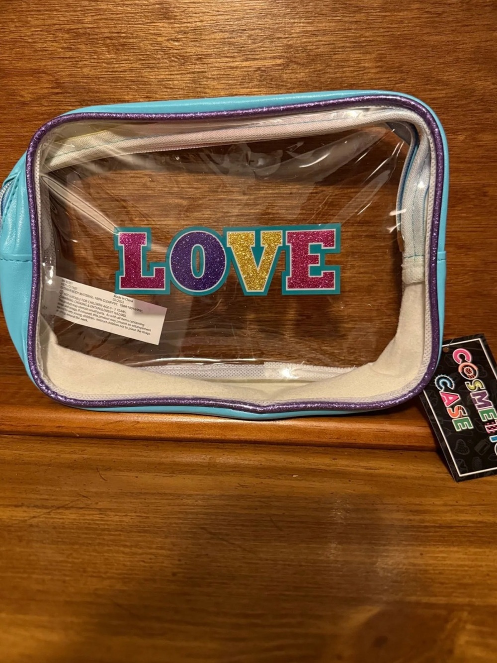 Clear Cosmetic Case - Turquoise "LOVE" Design